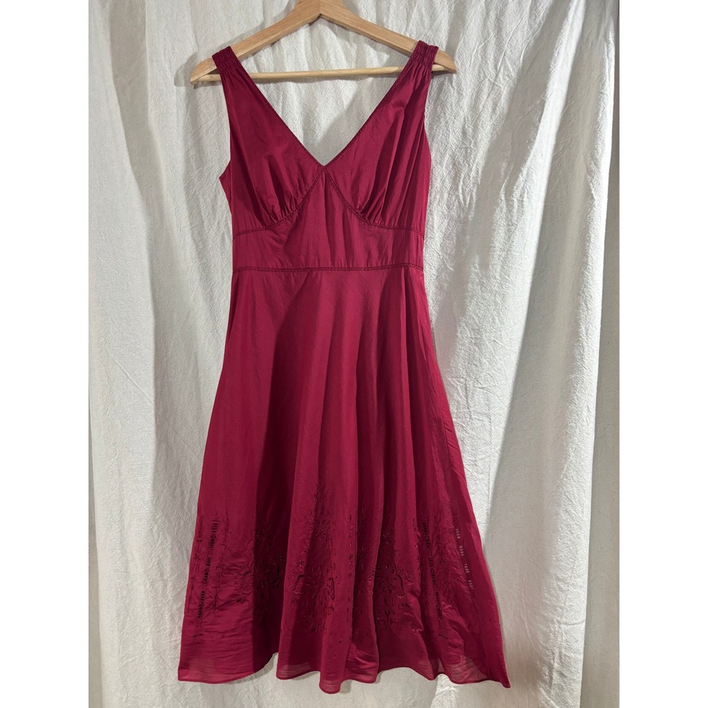 Ann Taylor Vintage Y2K Red Cotton Embroidered Cottagecore Midi Dress Size 2